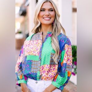 Fate Multicolor Patchwork Women's 3/4 Sleeve Top Size Medium NWT